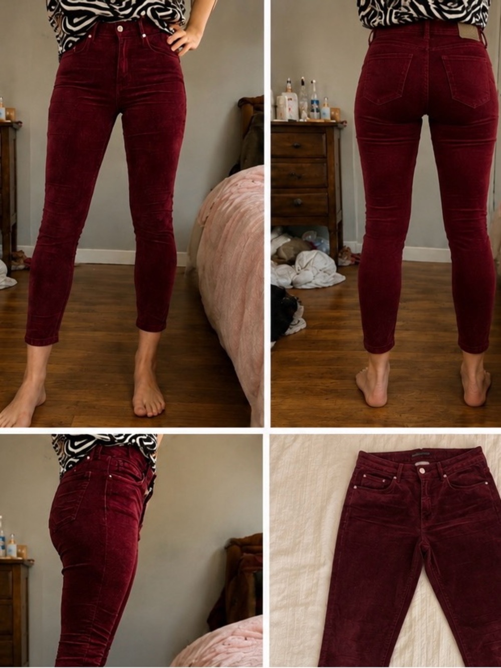 Topshop Burgundy Corduroy Skinny Capri Jeans W28 L30